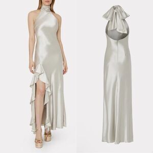 NWT Milly Roux Hammered Satin Silver Halter Tie Ruffled Hem Dress Sz 0